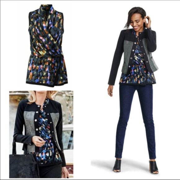 CAbi 3077 Abstract Black Multicolored Flaunt Wrap Sleeveless Blouse - Picture 2 of 12